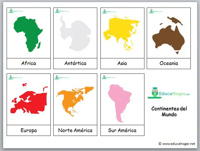 Tarjetas de 3 partes Montessori: Los continentes